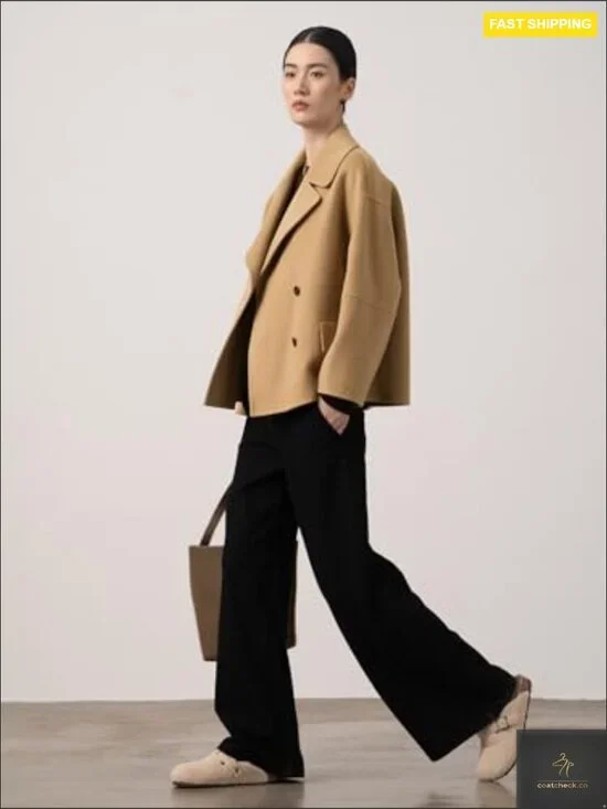 Cropped Wool Pea Coat Double Breasted Notched Lapel Chic Oversized Blazer Style - Picture 2 of 7
